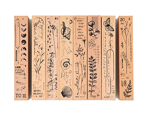 Cliocoo 8pcs Vintage Plants Wood Rubber Stamp Set  M-78