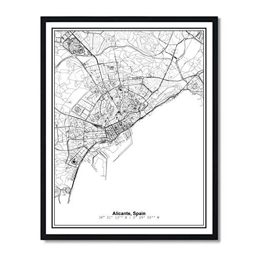 Susie Arts 11X14 Unframed Alicante Spain Metropolitan City View Abstract Street Modern Map Art Print Poster Wall Decor Minimalist Line Art V429