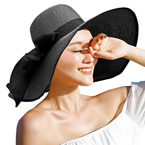 Lanzom Womens Big Bowknot Straw Hat Floppy Foldable Roll up Beach Cap Sun Hat UPF 50 Black