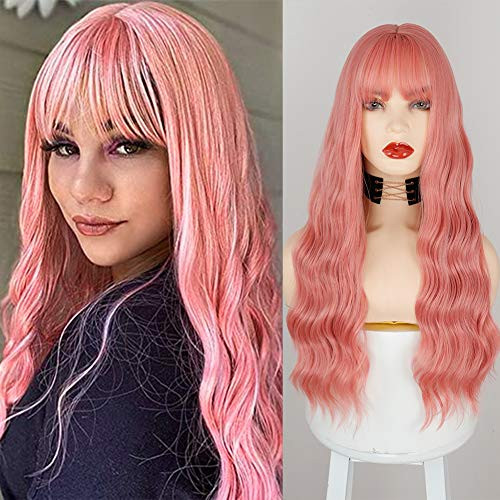 MERISIHAIR Long Pink Wavy Fluffy Wig with Bangs Synthetic Full Wig for Women Hair Replacement Party Wig Heat Resistant MERISIHAIR Long Pink Wavy Fluffy Wig with Bangs Synthetic Full Wig for Women Hair Replacement Party Wig Heat Resistant