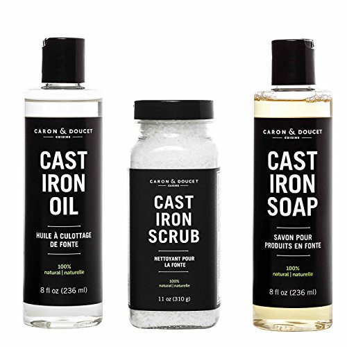 Caron Doucet - Cast Iron Seasoning & Conditioning Ultimate Bundle - Cast Iron Oil, Cast Iron Soap & Cast Iron Scrub - 100% Plant Based Formulation - Helps Maintain Seasoning on All Cast Iron Cookware.
