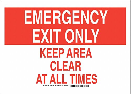 Brady 123790 Exit and Directional Sign  Legend Emergency Exit Only Keep Area Clear at All Times   10  Height  14  Width  Red on White