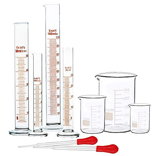 SUPERLELE Glass Graduated Cylinder Set 10ml 25ml 50ml 100ml  Thick Glass Beaker Set 50ml 100ml 250ml with 2 Droppers
