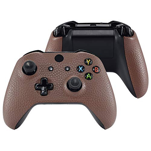 eXtremeRate Dark Brown Premium Textured PU Leather Top Shell Front Housing Faceplate Replacement Parts with Side Rails Panel for Xbox One X   One S Controller Model 1708