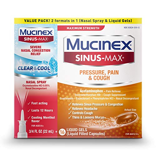 Mucinex Sinus-Max Maximum Strength Pressure  Pain   Cough Liquid Gels 16 count and Sinus-Max Severe Nasal Congestion Relief Clear   Cool Nasal Spray 0-75 FL OZ  Multi-Symptom Relief  Combo Value Pack