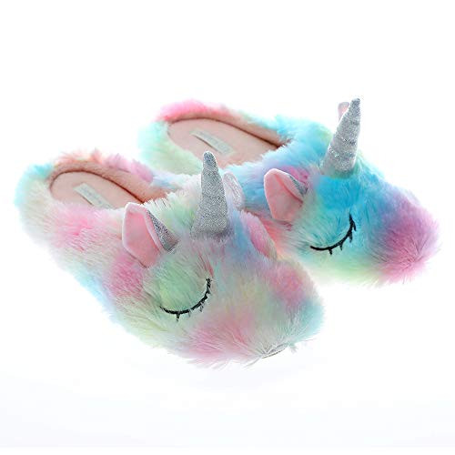 Rainbow Unicorn Slippers-Cute Fluffy Girls Slippers-Cozy Plush Indoor Outdoor Women Slippers-Best Unicorn Gifts 7-8  Unicorn