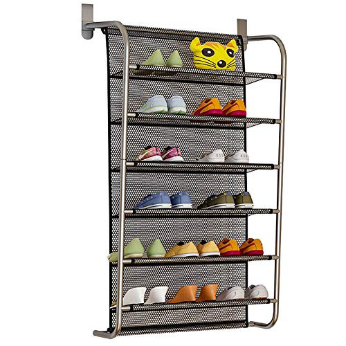 FKUO 6-Tier Over The Door Shoe Organizer Hanging Shoe Storage with 2 Customized Strong Metal Hooks for Closet Pantry Kitchen Accessory - Space Saving Solution (Black, 6-Tier)