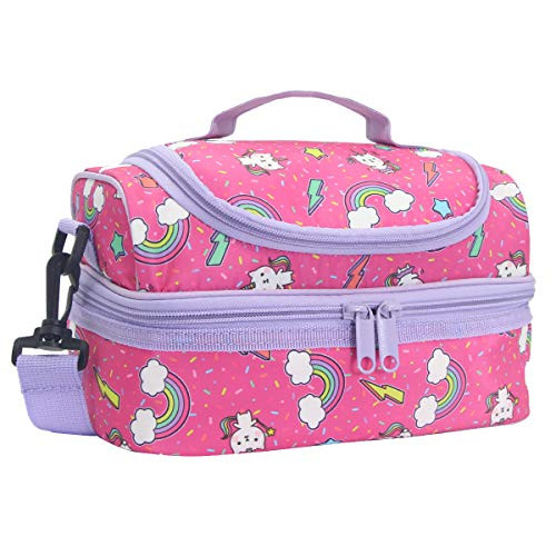 Lunch Box Bag for Girls  Kasqo Insulated Cooler Bag Kids Lunch Tote with Dual Compartments and Detachable Adjustable Shoulder Strap in Lovely Pink Kitten