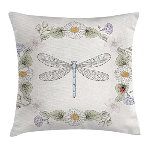 Ambesonne Dragonfly Throw Pillow Cushion Cover  Vintage Retro Farm Life Inspired Moth with Daisies Lilies Leaves Image  Decorative Square Accent Pillow Case  16  X 16   Lilac Green