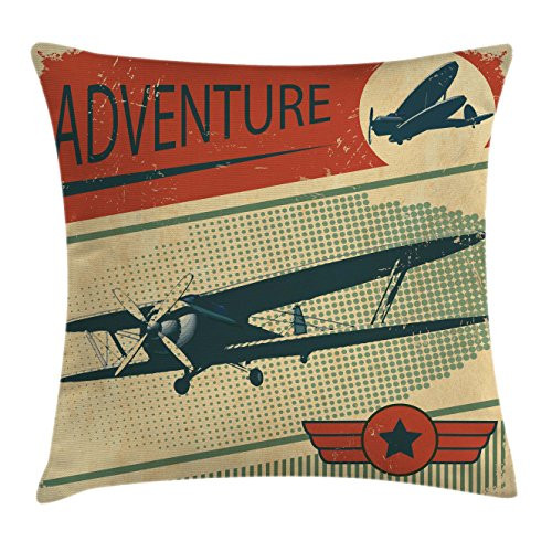 Ambesonne Vintage Throw Pillow Cushion Cover  Nostalgic Small on Dotted Grunge Backdrop Epic Adventure Airpark Plane Graphic  Decorative Square Accent Pillow Case  16  X 16   Taupe Orange
