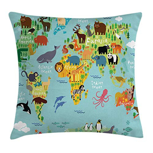 Ambesonne Wanderlust Throw Pillow Cushion Cover  Animal Map of The World for Children Kids Cartoon Mountains Forests  Decorative Square Accent Pillow Case  16  X 16   Pale Blue