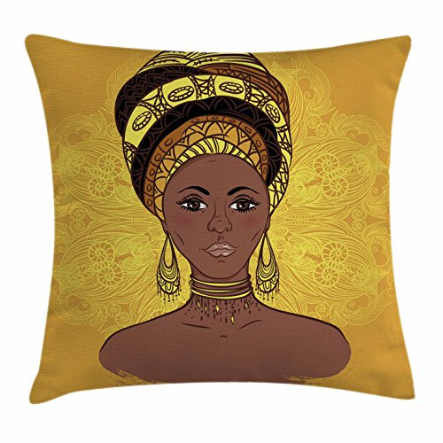 Ambesonne African Throw Pillow Cushion Cover  Woman Portrait in Turban Ornate Mandala Inspired Round Motif  Decorative Square Accent Pillow Case  16  X 16   Yellow Brown