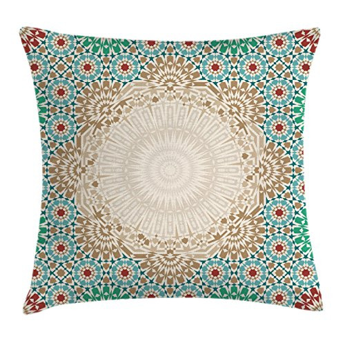Ambesonne Moroccan Throw Pillow Cushion Cover  Ottoman Mosaic Art Pattern with Oriental Floral Forms Antique Scroll Ceramic Boho  Decorative Square Accent Pillow Case  16  X 16   Cream Turquoise