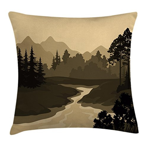 Ambesonne River Throw Pillow Cushion Cover  Nature Theme The Silhouette of The Mountains Trees and River Landscape Print  Decorative Square Accent Pillow Case  16  X 16   Pale Brown
