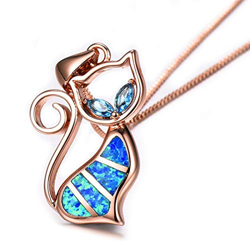 SLVIEKAE Sterling Silver  Blue Opal 18K Rose Gold Plated Created Cat Pendant Necklace Original Design for Women 18K Gold cat Pendant