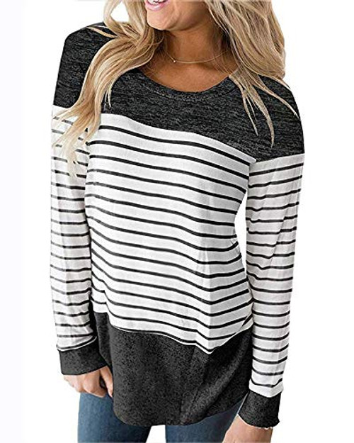 Womens Tops Long Sleeve T Shirt Color Block Striped Shirt Casual Tunic Black L Womens Tops Long Sleeve T Shirt Color Block Striped Shirt Casual Tunic Black L