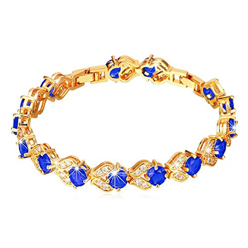 U7 Women Fashion Crystal Birthstone Gemstone Sapphire Jewelry 18K Gold Plated Link Blue Cubic Zirconia Tennis Bracelet 6-8 Inch
