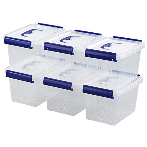 Waikhomes 3L Plastic Storage Containers Set of 6  Latching Storage Bin with Handle Blue Handle