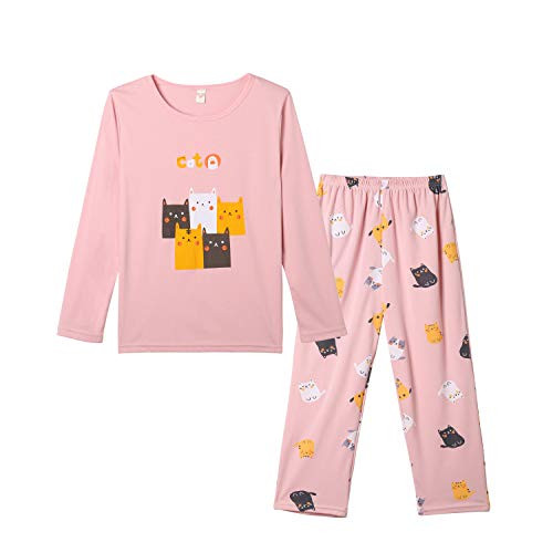 Vopmocld Young Girls Cat Pajamas Cotton Long Pjs Clothes Kids Shirts SetSize 8-17 Years  Pink  M12US 8-11 Years