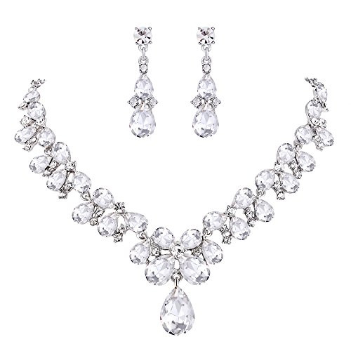 BriLove Wedding Bridal Necklace Earrings Jewelry Set for Women Crystal Teardrop Cluster Statement Necklace Dangle Earrings Jewelry Set Clear Silver-Tone BriLove Wedding Bridal Necklace Earrings Jewelry Set for Women Crystal Teardrop Cluster Statement Necklace Dangle Earrings Jewelry Set Clear Silver-Tone