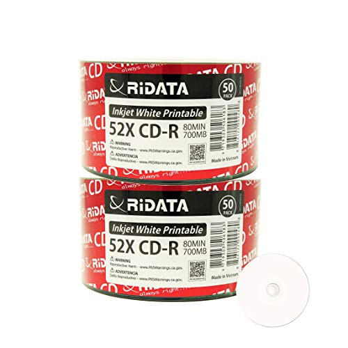 100 Pack Ridata CD-R 52X 700MB 80Min White Inkjet Hub Printable Blank Media Recordable Disc