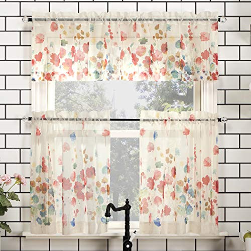 No- 918 Rosalind Floral Watercolor Semi-Sheer Rod Pocket Kitchen Curtain Valance and Tiers Set  54  x 24  3-Piece  Poppy Red