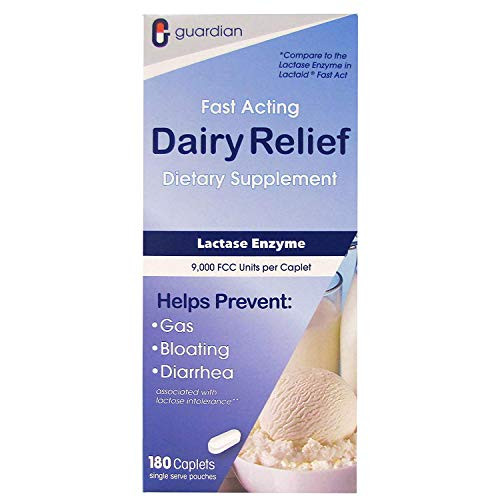 Guardian Dairy Relief Fast Acting Lactase  180 Caplets  9000 FCC Maximum Strength  Lactose Intolerance Pills  Lactase Enzyme 180 CT