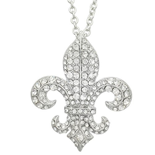 Fleur De Lis with Rhinestones on Chain Necklace Classic Clear Silver Tone Fleur De Lis with Rhinestones on Chain Necklace Classic Clear Silver Tone
