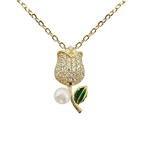 Hiqmic 925 Sterling Silver Fashion Rose Flower Pearl Pendant Necklace White Gold Plated Jewelry Gifts for Women 17 WK99097Gold