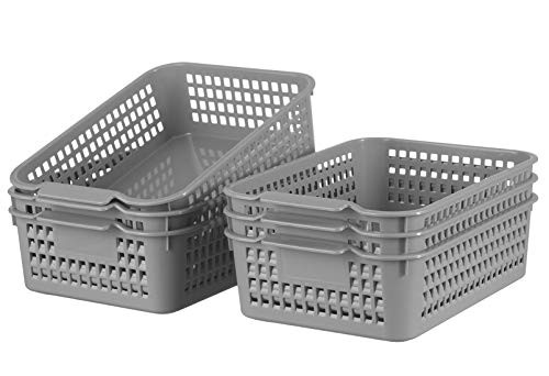 Plastic Storage Basket - 6 Pack Plastic Storage Basket Tray  Gray Woven Storage Baskets Organizer with Handles Prefect for Kitchen Bathroom or Office Desktop Files Paper Letter
