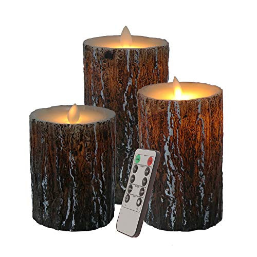 3PCS Flameless Candles Birch Bark Effect Flameless Candles with Dancing LED Flame Battery Operated Flickering Candles with Remote Control Cycling 24 Hours Timer