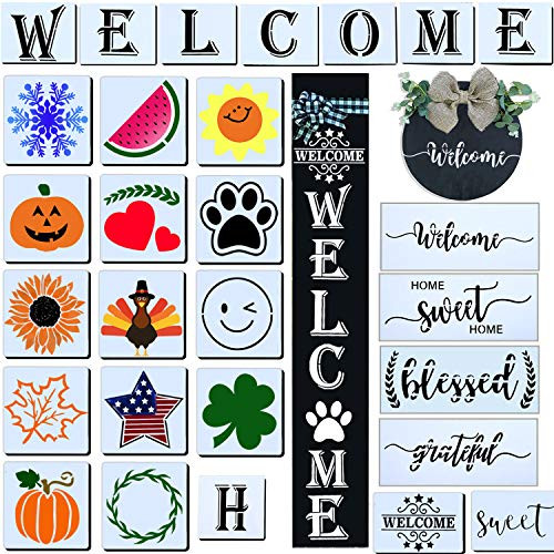28 PCS Welcome Stencil for Painting on Wood Home Sign Stencils Reusable Porch Sign and Front Door Vertical Welcome Comes with Stencil-Sunflower Dog Paw Stencil and orther Pattern Style 3
