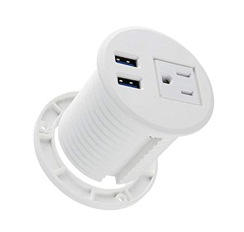 2-3-8inch Power Grommet with Blue USB  Desktop Recessed USB Grommet  in Desk Grommet Outlet with 1 AC Outlets and 2 USB Ports 6-5FT Cord-