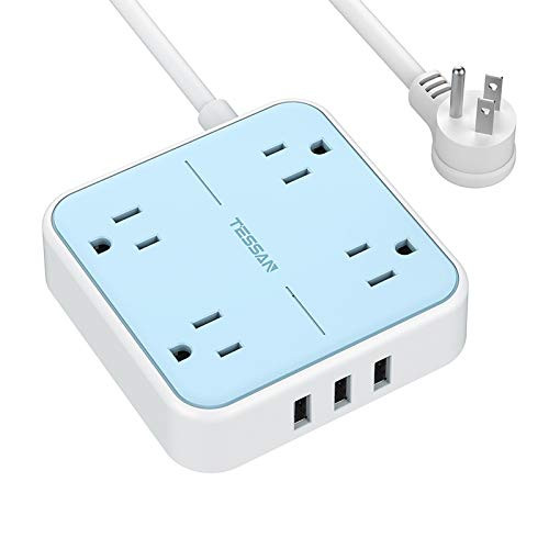 Flat Plug Power Strip with 3 USB Ports  TESSAN 4 Widely Spaced Outlets Extension Cord Wall Mount Charging Station  5 FT Power Cord for Home  Office  Dorm Essentials  Blue