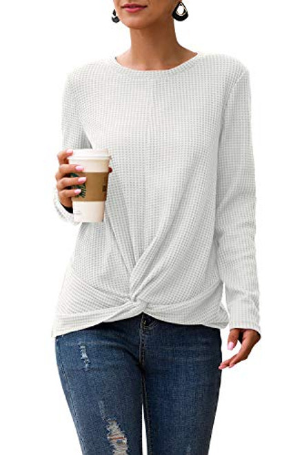 Sarin Mathews Womens Long Sleeve Blouses Twist Knot Waffle Knit Shirts Causal Tunic Tops for Leggings White XL