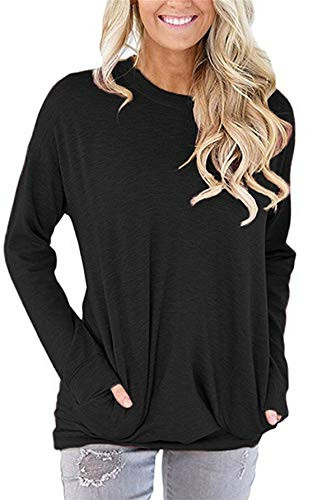 onlypuff Black Comfy Shirt for Women Casual Cotton Long Sleeve Top with Pocket Casual Tunic S