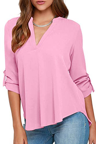 OMZIN Womens Lady Office Half Sleeve V Neck Shirt Chiffon Blousess Pink M