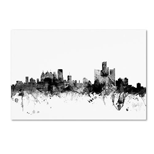 Trademark Fine Art Detroit Michigan Skyline B&W by Michael Tompsett, 16x24-Inch Canvas Wall Art