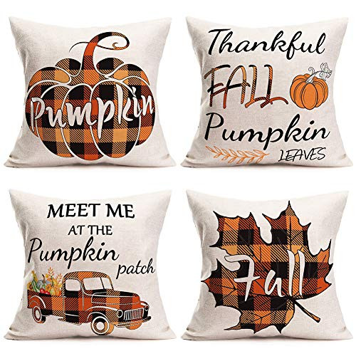 Doitely Fall Pillow Covers 18×18 Inch for Fall Decor Set of 4 Farmhouse Buffalo Plaid Pillow Covers Autumn Pumpkin Home Cotton Linen Pillow Case for Sofa Thanksgiving Throw Pillow Covers Orange