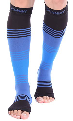 Doc Miller Premium Open Toe Compression Sleeve DRESS SERIES 1 Pair 20-30mmHg Strong Support Graduated Sock Pressure Sports Running Recovery Shin Splints Varicose Veins BlackBlueBlue  Medium