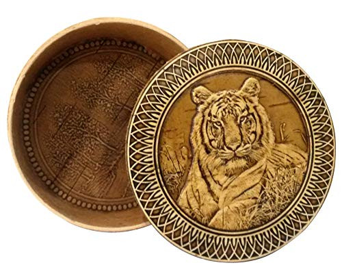 Round Decorative Trinket Birch Bark Wooden Box Animals Tiger
