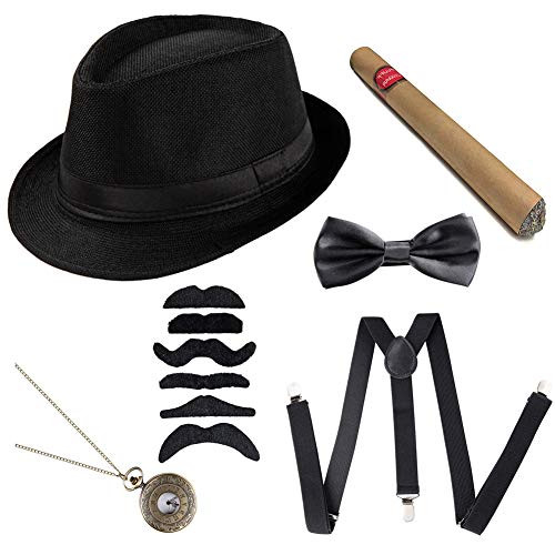 Xuhan Mens Roaring 1920s Great Gatsby Accessories Set Newsboy Cap-Manhattan Hat Suspender Bow Tie B-Black