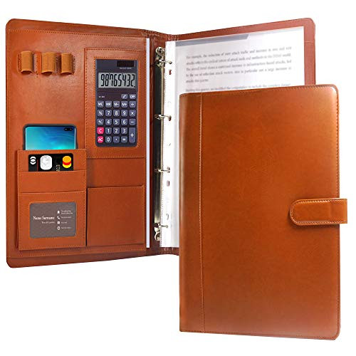 KUAO Brown Leather Padfolio Portfolio Folder Multifunctional A4 Padfolio Binder for Men-Women Business Interview Resume Conference Document Organizer with Pen Holder Calculator Pocket Writing Pad