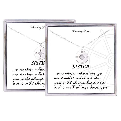 2 PCS Sister Gifts from Sister Birthday Gifts from Sister Necklace for 2 Sterling Silver Compass Necklace for Sisters Best Friends BFF Gifts for Women Girls