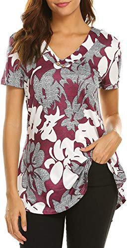 Sweetnight Women Floral Print V Neck Button Decor Peasant Summer Swing Tunic Shirts Red  Medium