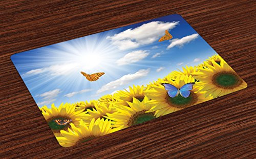 Lunarable Sunflower Place Mats Set of 4  Sunflowers in Meadow with Butterflies Floral Image Country Style Home Design  Washable Fabric Placemats for Dining Room Kitchen Table Decor  Yellow Blue