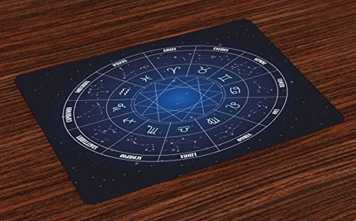 Ambesonne Astrology Place Mats Set of 4  Zodiac Horoscope Chart in Wheel Shape Dates in Space Dots Image  Washable Fabric Placemats for Dining Table  Standard Size  Navy Blue