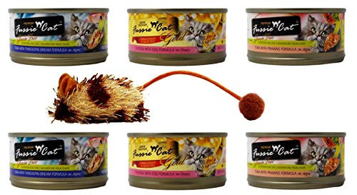 Fussie Cat Premium Grain Free Adult Cat 3 Flavor Variety 6 Can Bundle with Toy  2 Each  Tuna Threadfin Bream  Chicken Egg  Tuna Prawns 2-82 Ounces