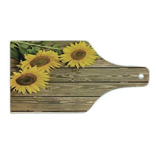Lunarable Sunflower Cutting Board  3 Sunflowers on Wooden Background at Top Left Corner Picture Print  Tempered Glass Serving Board  Wine Bottle Shape  Medium Size  Yellow Umber