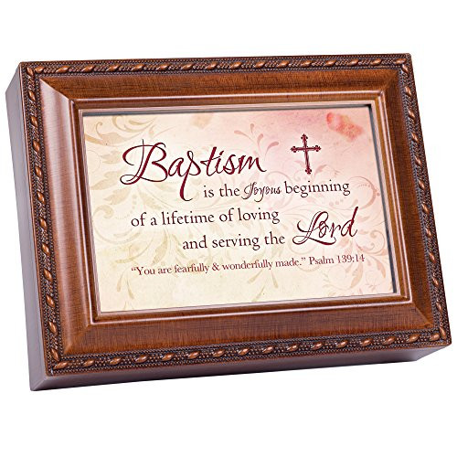 Baptism Cottage Garden Wood Grain Finish Jewelry Music Box - Plays Song Jesus Loves Me